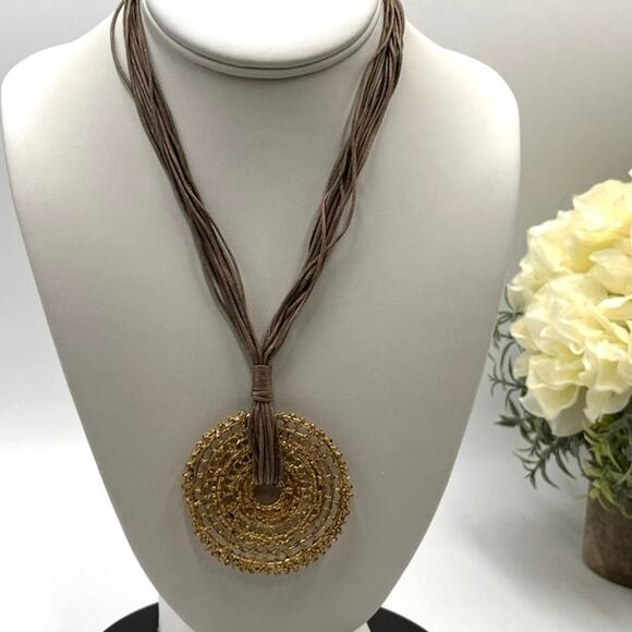 Chico’s MultiStrand Tan Corded Round Brushed Good Medallion Pendant Necklace - Picture 1 of 7